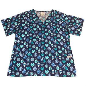 UA Blue Teal Green Winter Holiday Christmas Bulbs Stars Scrub Shirt Top Medium